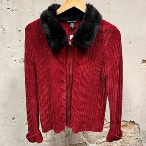 Vintage Y2K Red Black Faux Fur Trim Full Zip Chenille Knit Jacket Medium Petite